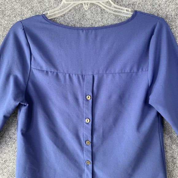 Mine Pullover Blouse Sz S Button Flyaway Back Blue Long Tab Roll Sleeves Career - Picture 8 of 12
